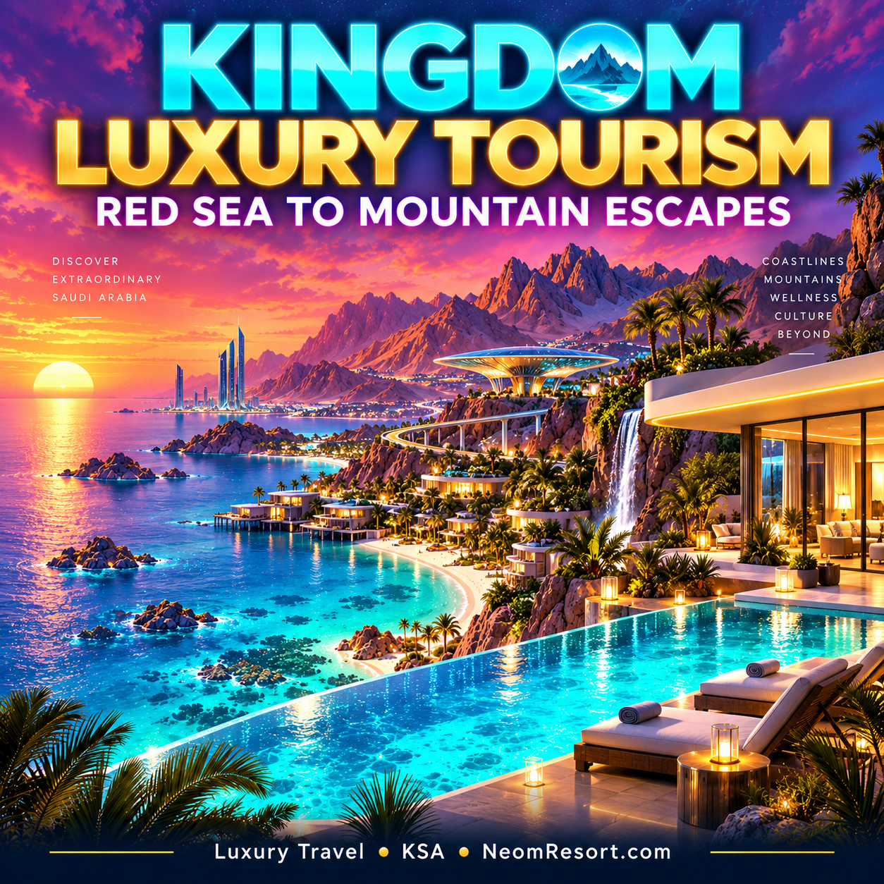 Kingdom Luxury Tourism: From the Red Sea to Mountain Escapes — neon editorial typography