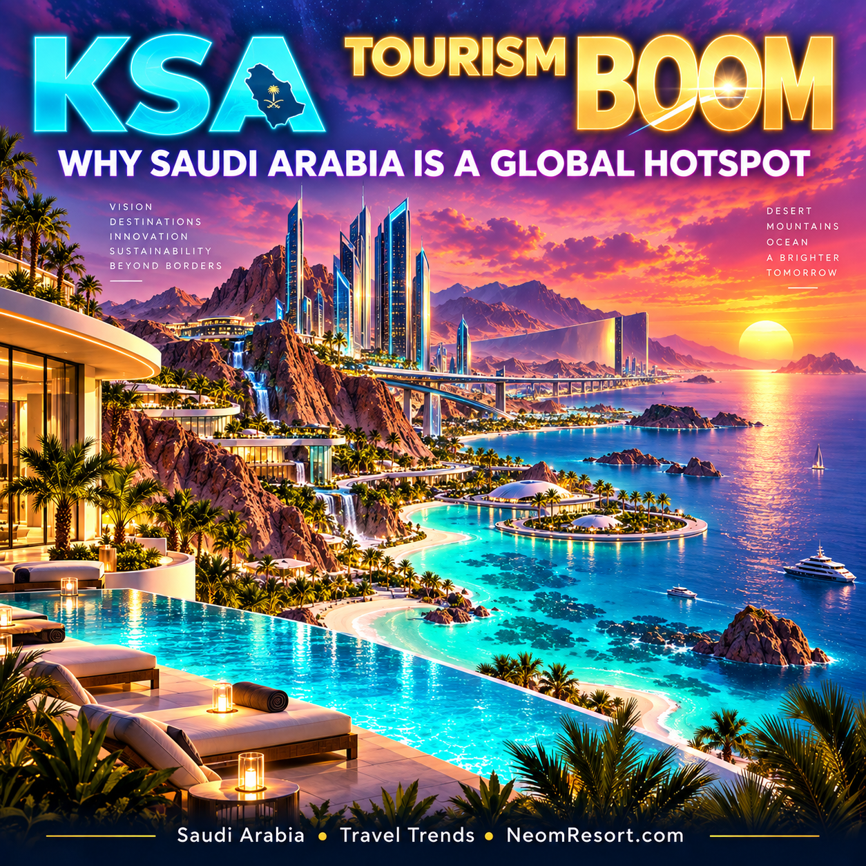 KSA Tourism Boom: Why Saudi Arabia Is Becoming a Global Travel Hotspot — neon editorial typography