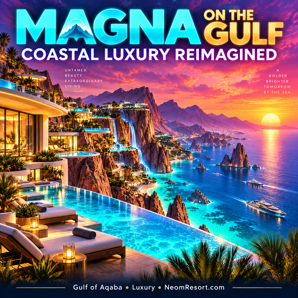 Magna on the Gulf: Coastal Luxury Reimagined — neon editorial typography