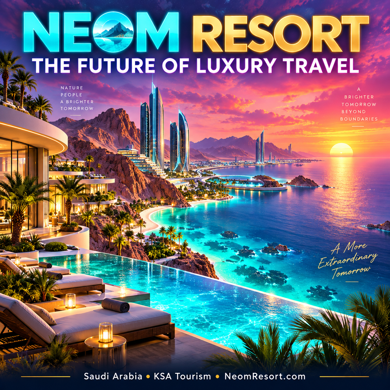 Neom Resort and the Future of Luxury Travel in Saudi Arabia — neon editorial typography