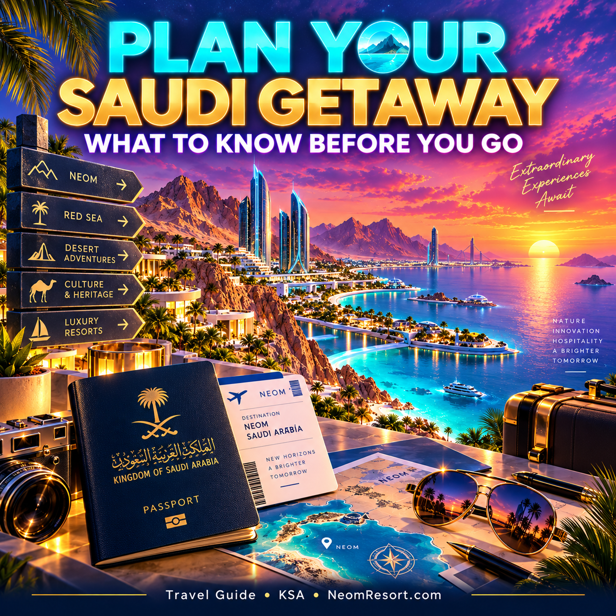 Plan Your Saudi Getaway: What to Know Before You Go — neon editorial typography