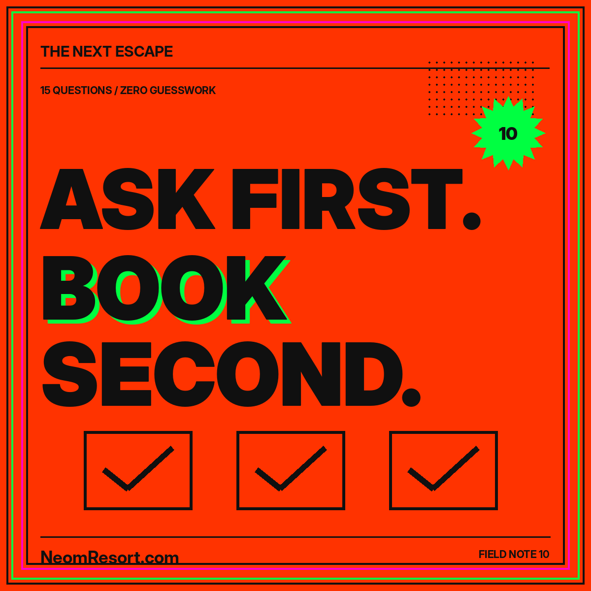 15 Questions to Ask Before Booking a Resort — neon editorial typography