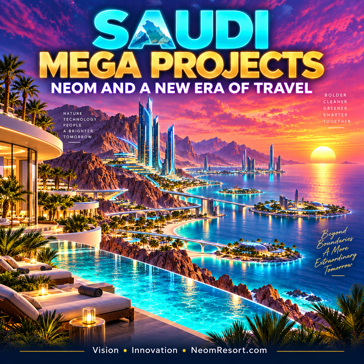 Saudi Mega Projects and a New Era of Travel — neon editorial typography