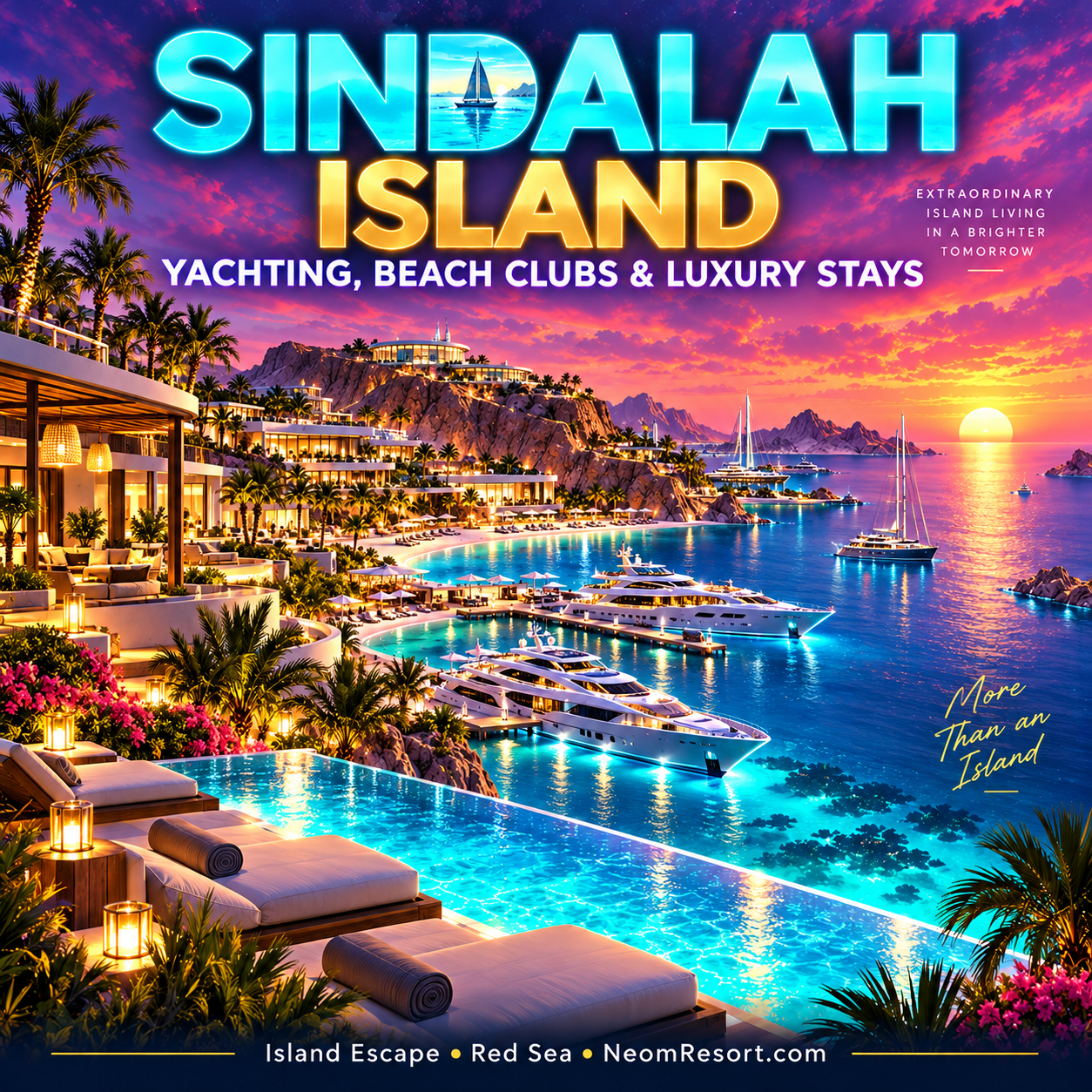 Sindalah Island: Yachting, Beach Clubs, and Luxury Stays — neon editorial typography
