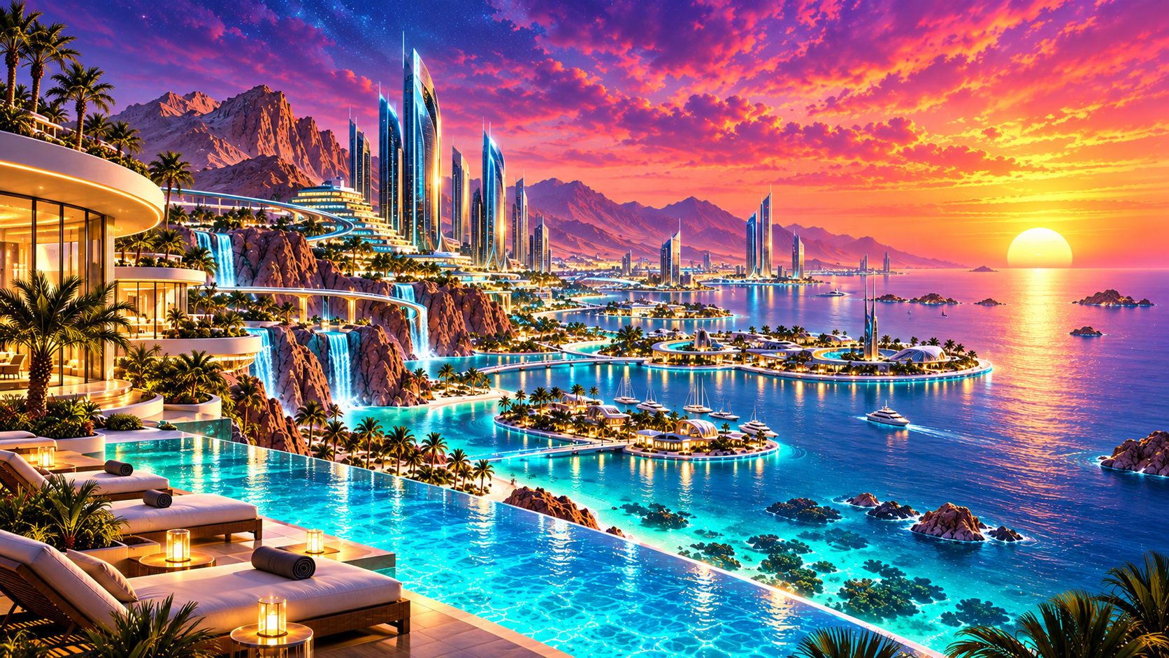 Surreal luxury coastline and neon sunset