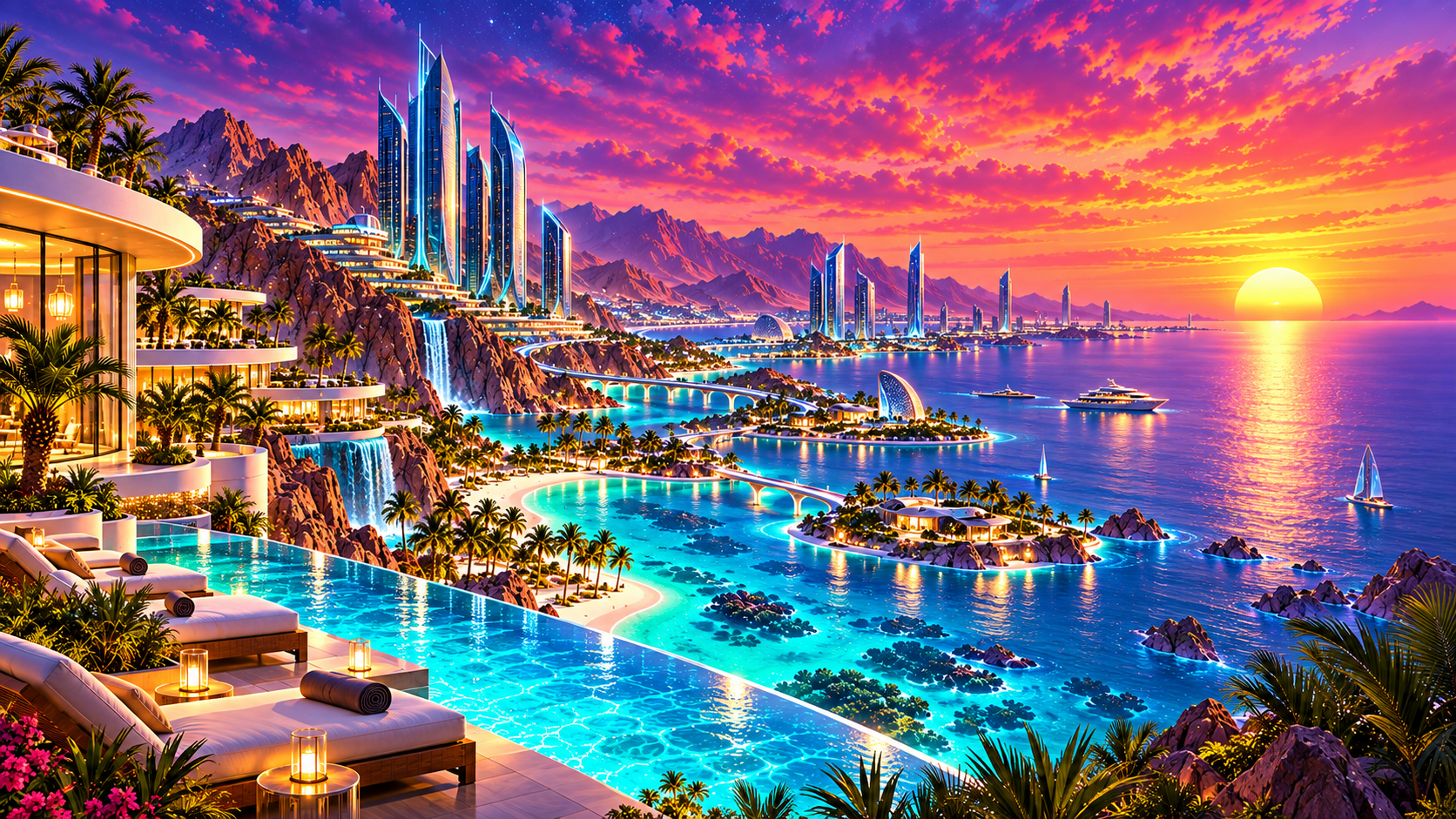 Surreal futuristic coastal skyline with The Line inspired forms