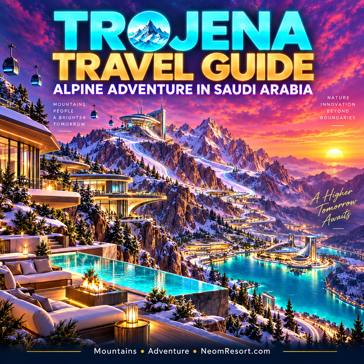 Trojena Travel Guide: Alpine Adventure in Saudi Arabia — neon editorial typography